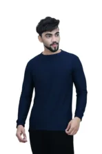 Solid Plain Full Sleeves Self Print Round Neck Blue Color T shirt