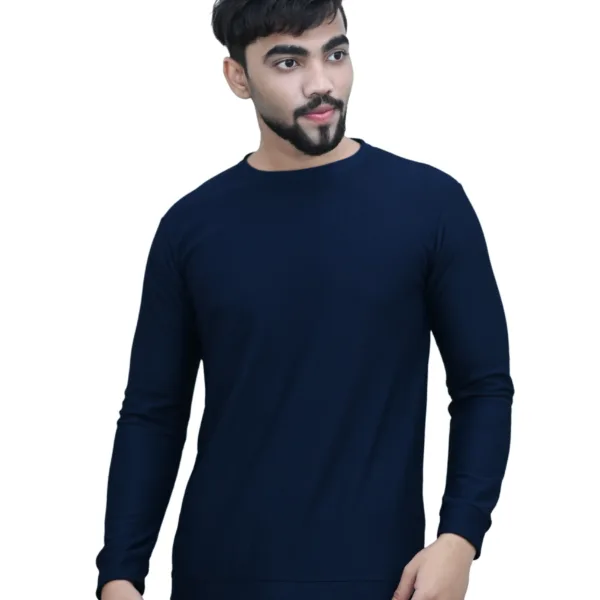 Solid Plain Full Sleeves Self Print Round Neck Blue Color T shirt