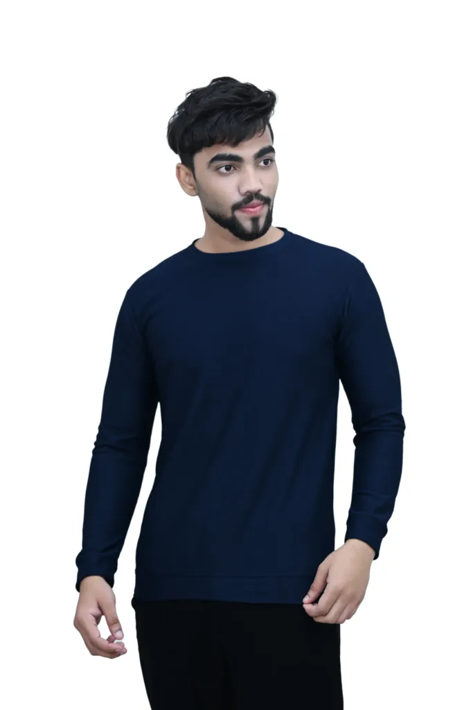 Solid Plain Full Sleeves Self Print Round Neck Blue Color T shirt