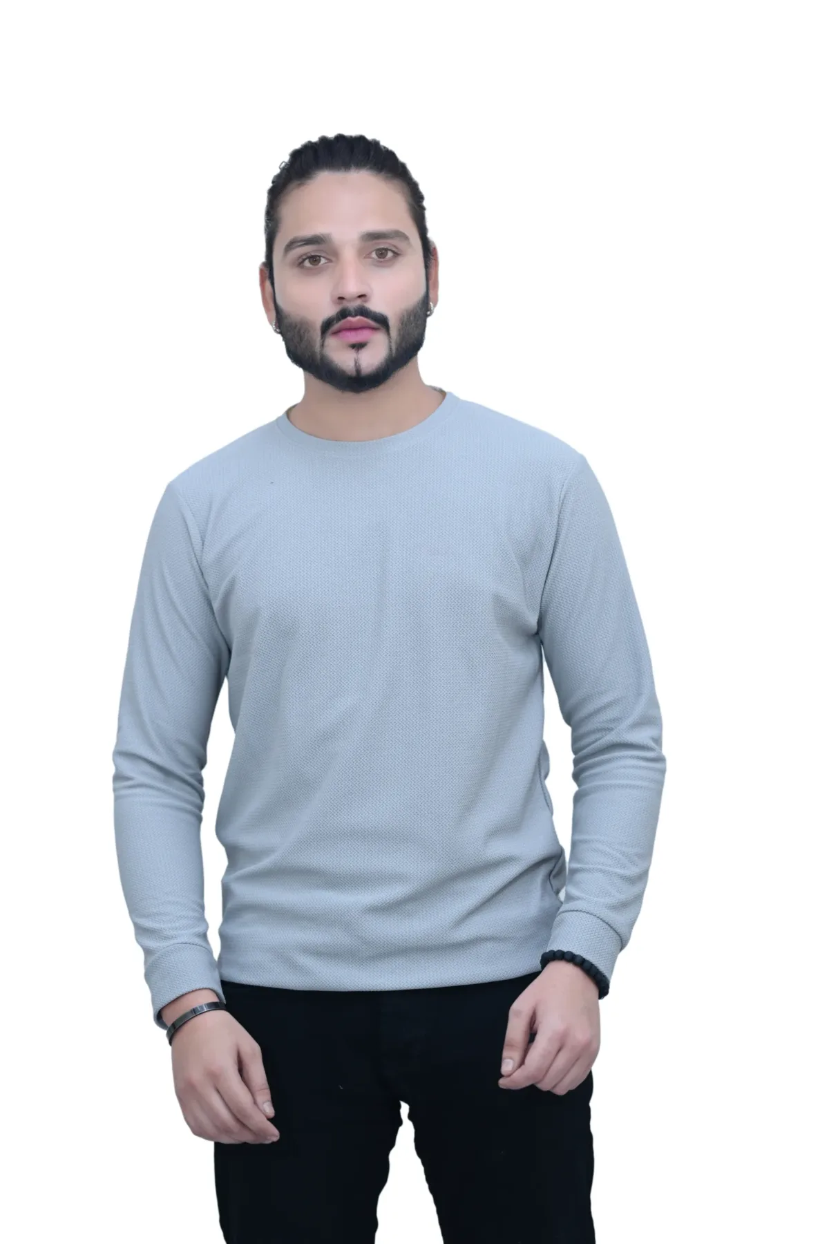 Solid Plain Full Sleeves Self Print Round Neck Gray Color T shirt