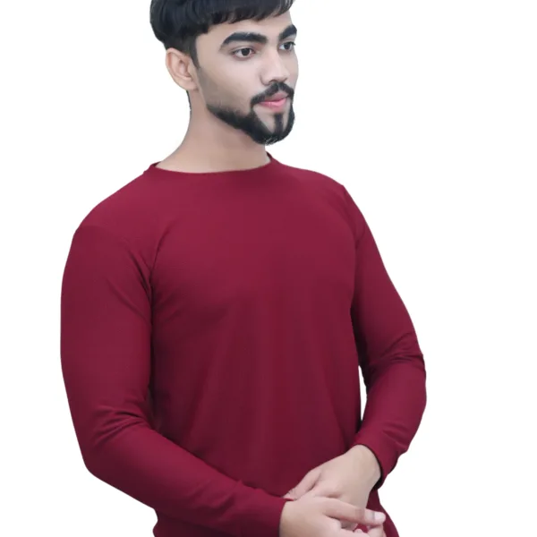 Solid Plain Full Sleeves Self Print Round Neck Maroon Color T shirt