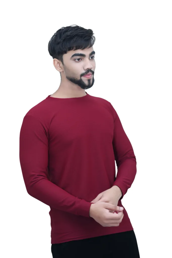 Solid Plain Full Sleeves Self Print Round Neck Maroon Color T shirt