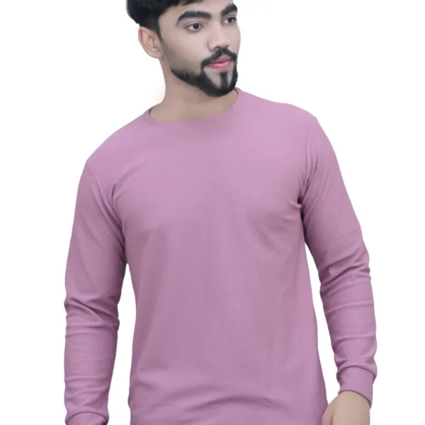 Solid Plain Full Sleeves Self Print Round Neck Pink Color T shirt