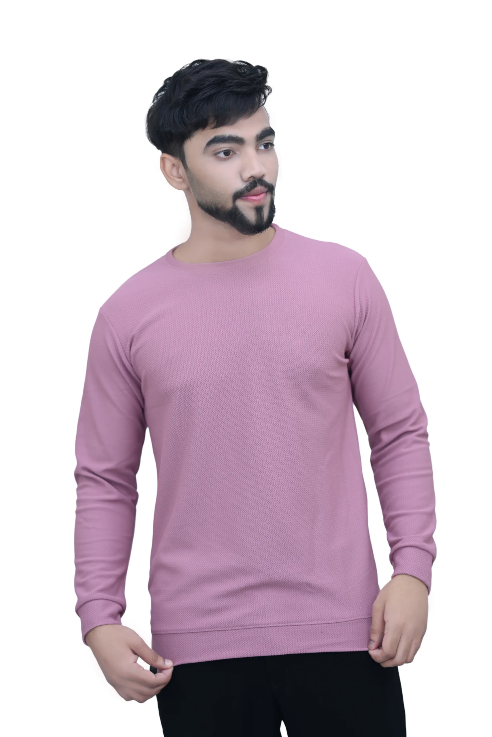 Solid Plain Full Sleeves Self Print Round Neck Pink Color T shirt