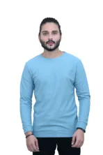 Solid Plain Full Sleeves Self Print Round Neck Sky Color T shirt