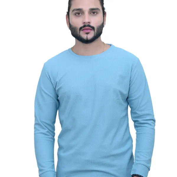 Solid Plain Full Sleeves Self Print Round Neck Sky Color T shirt