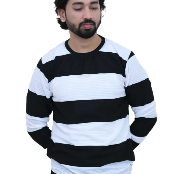 Bold Striped Slim Fit White Black Color Full Sleeves T-shirt