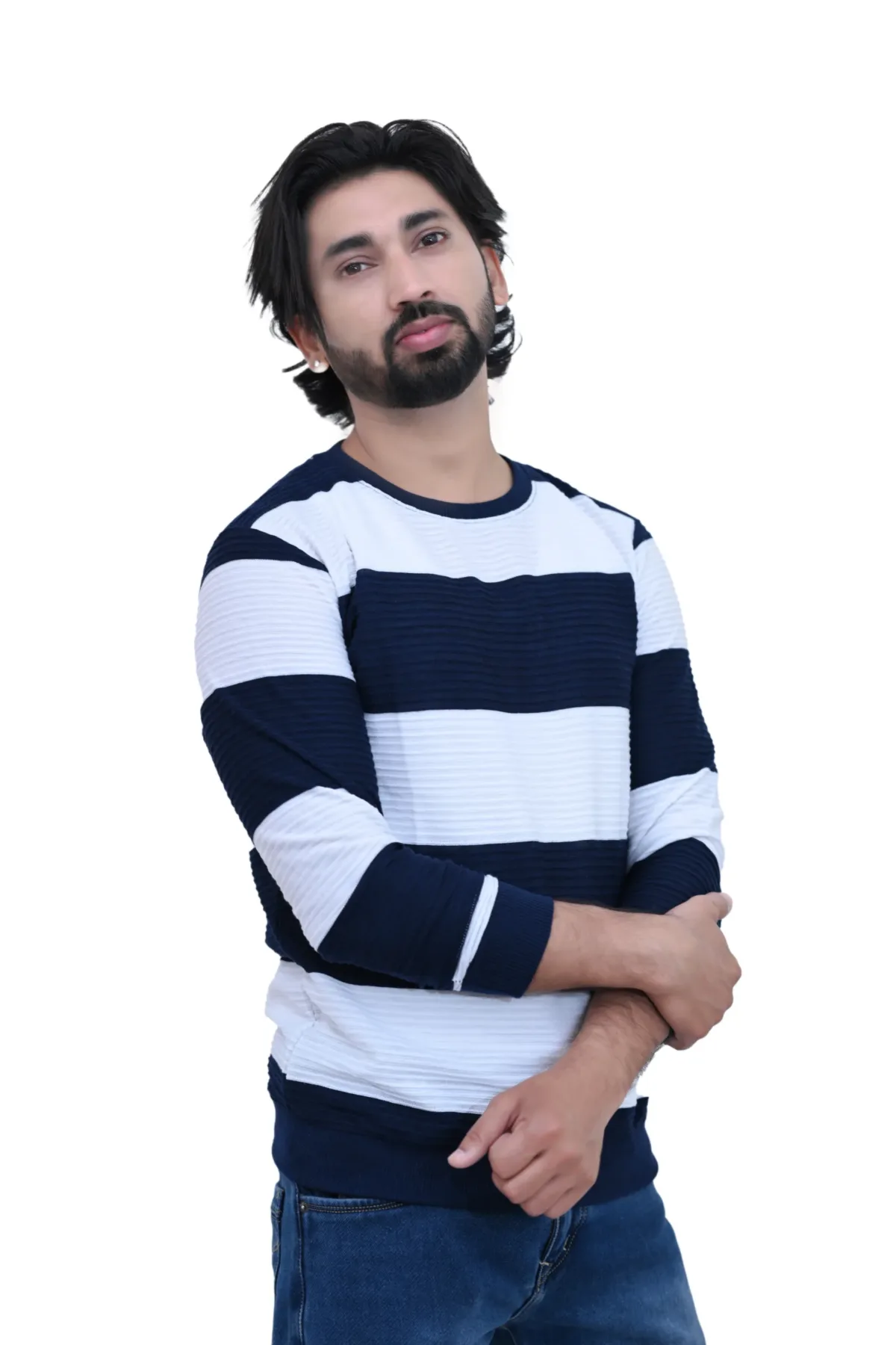 Bold Striped Slim Fit White Blue Color Full Sleeves T-shirt