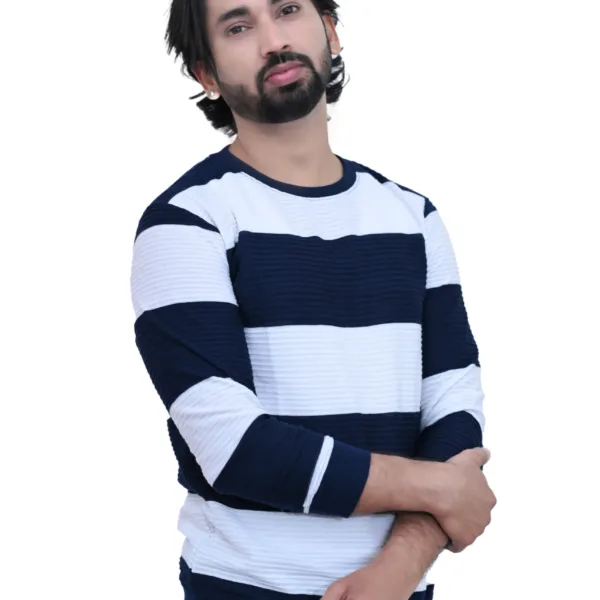 Bold Striped Slim Fit White Blue Color Full Sleeves T-shirt