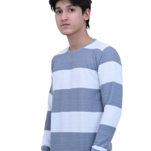 Bold Striped Slim Fit White Gray Color Full Sleeves T-shirt