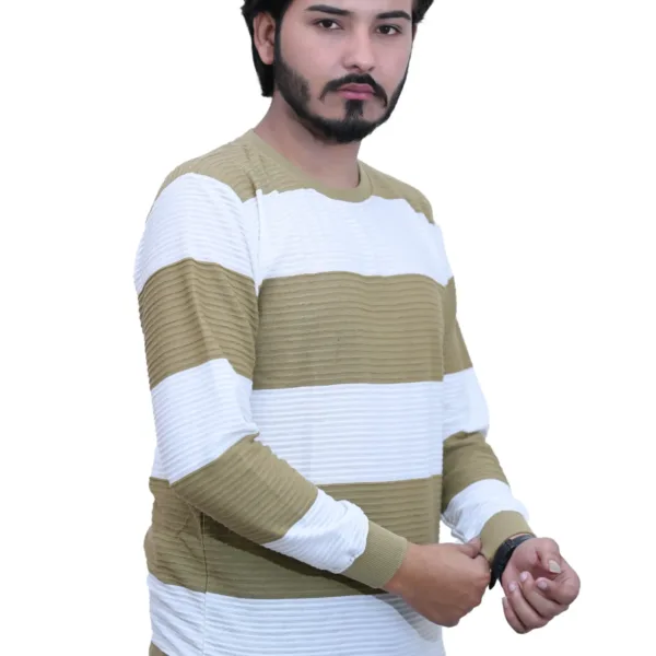 Bold Striped Slim Fit White Henna Color Full Sleeves T-shirt