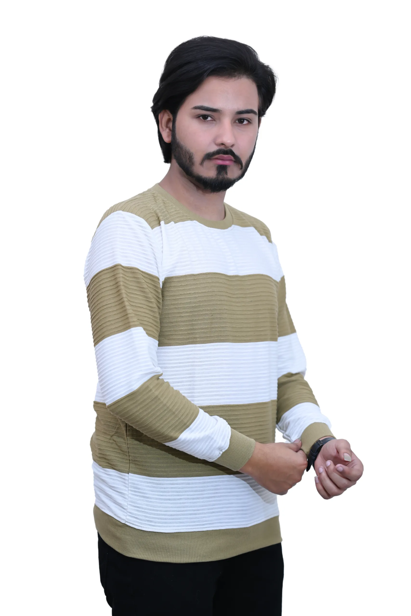 Bold Striped Slim Fit White Henna Color Full Sleeves T-shirt