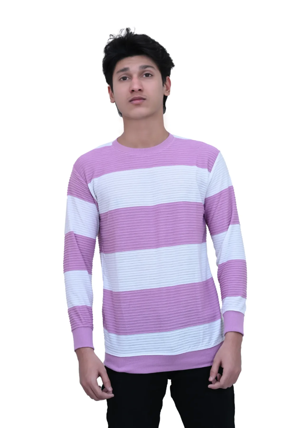 Bold Striped Slim Fit White Purple Color Full Sleeves T-shirt