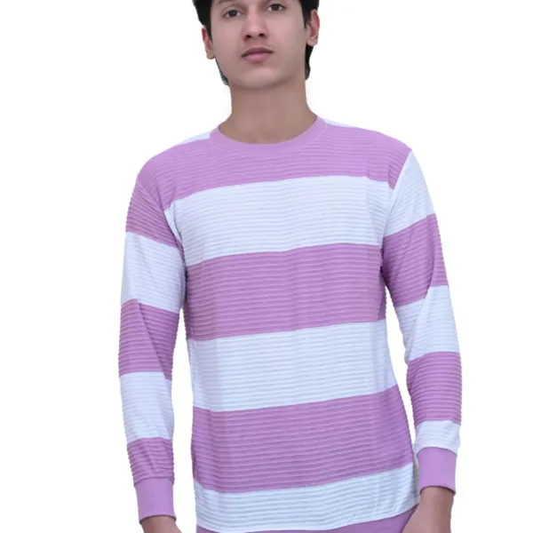 Bold Striped Slim Fit White Purple Color Full Sleeves T-shirt