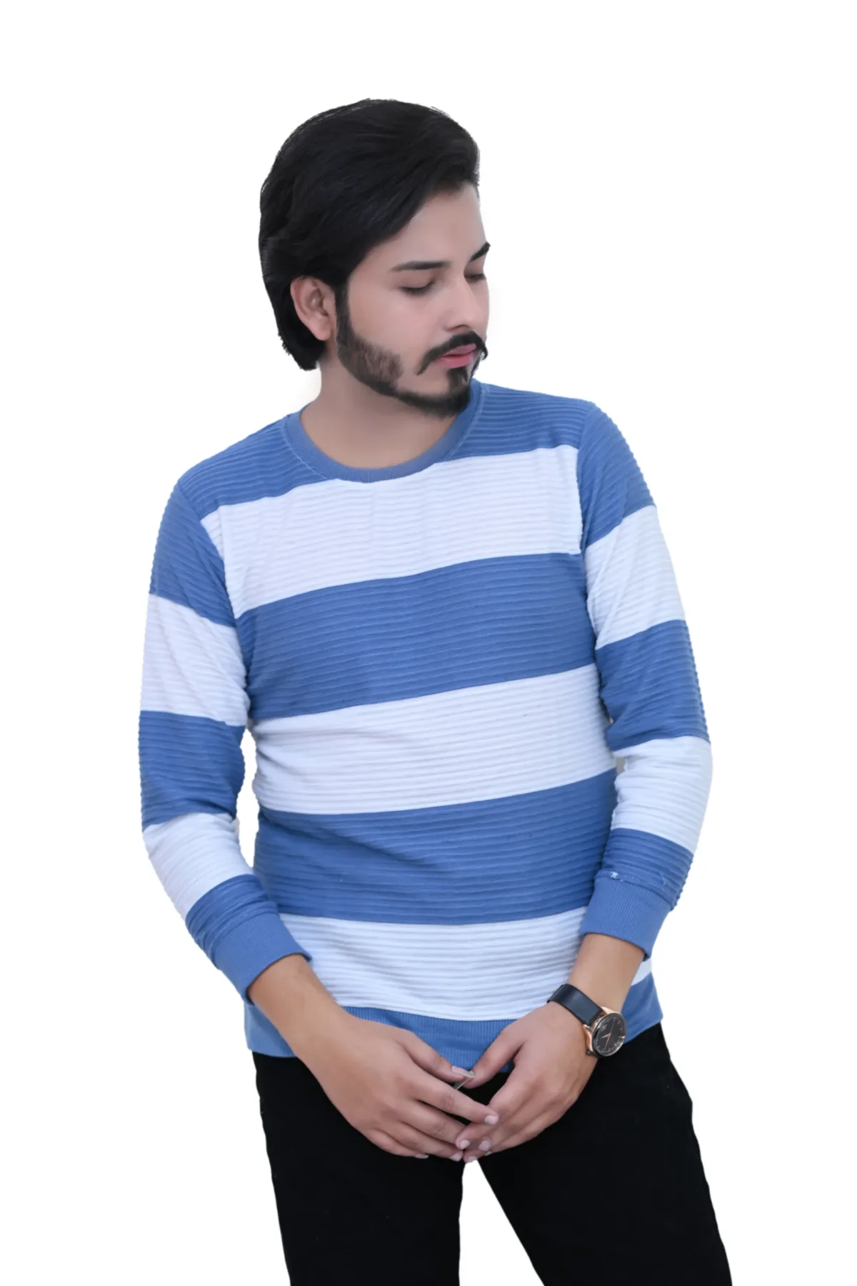 Bold Striped Slim Fit White Sky Color Full Sleeves T-shirt