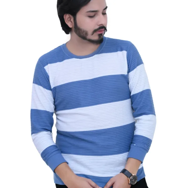 Bold Striped Slim Fit White Sky Color Full Sleeves T-shirt