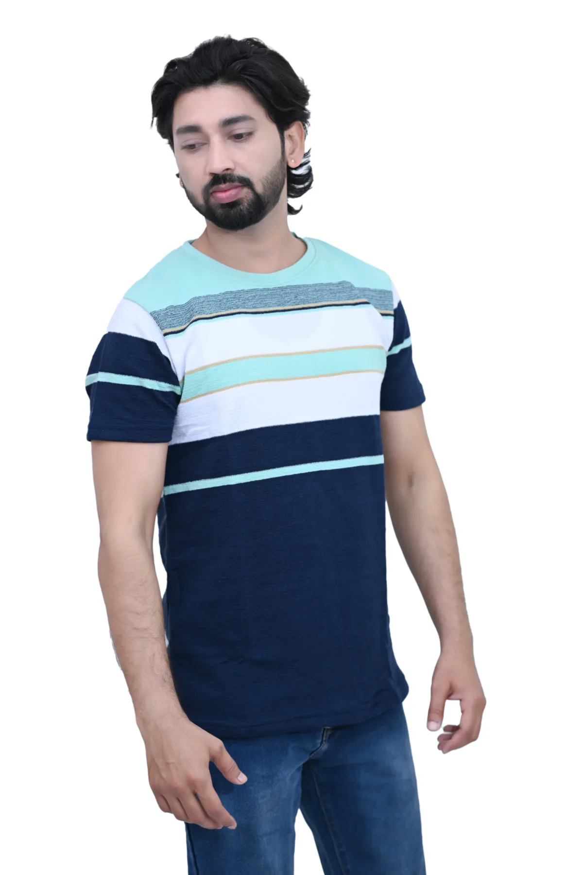 Cotton Bold Striped Slim fit Blue White Color Half Sleeves T-shirt