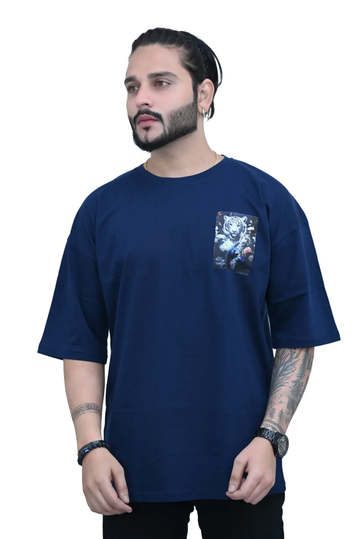 Cotton Oversized Blue Silent Tiger Printed Graphic T-shirt