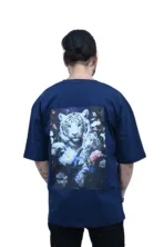 Cotton Oversized Blue Silent Tiger Printed Graphic T-shirt