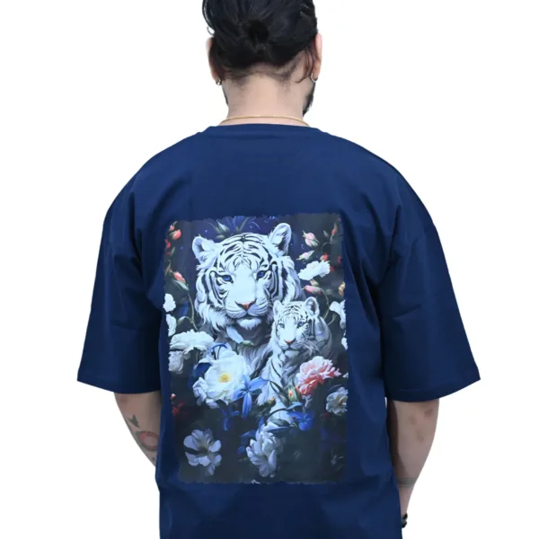 Cotton Oversized Blue Silent Tiger Printed Graphic T-shirt