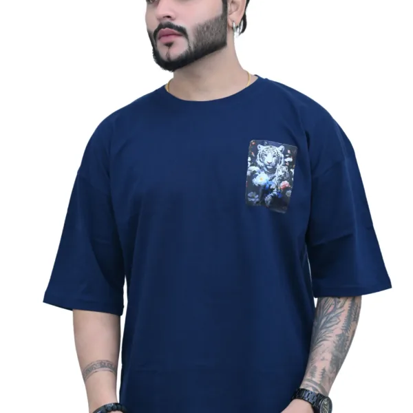 Cotton Oversized Blue Silent Tiger Printed Graphic T-shirt