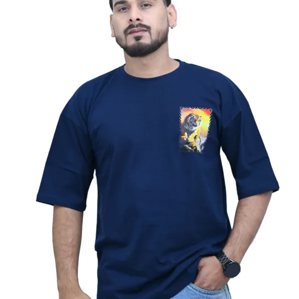 Cotton Oversized Blue Tiger Print Graphic T-shirt