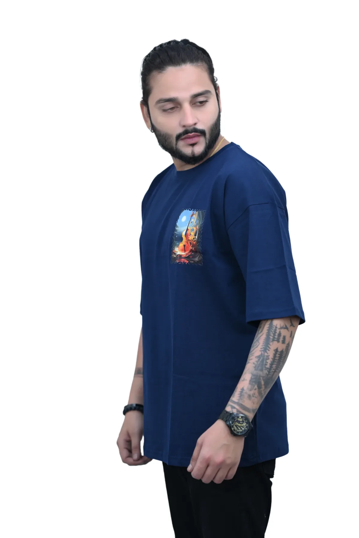 Cotton Oversized Blue Violin Printed Graphic T-shirt