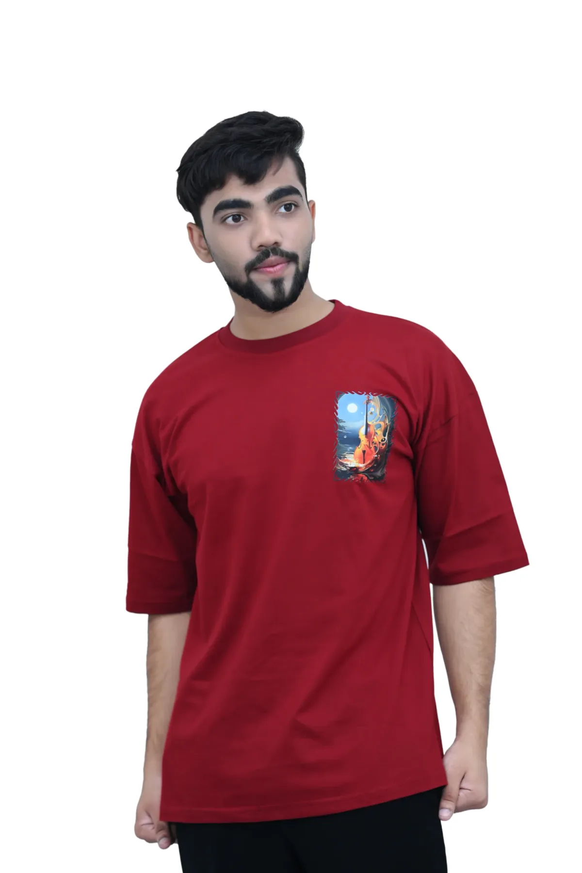 Cotton Oversized Maroon Violin Printed Graphic T-shirt