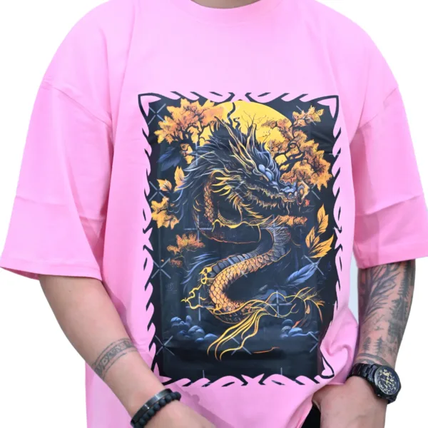 Cotton Oversized Pink Dragon Fly Print Graphic T-shirt