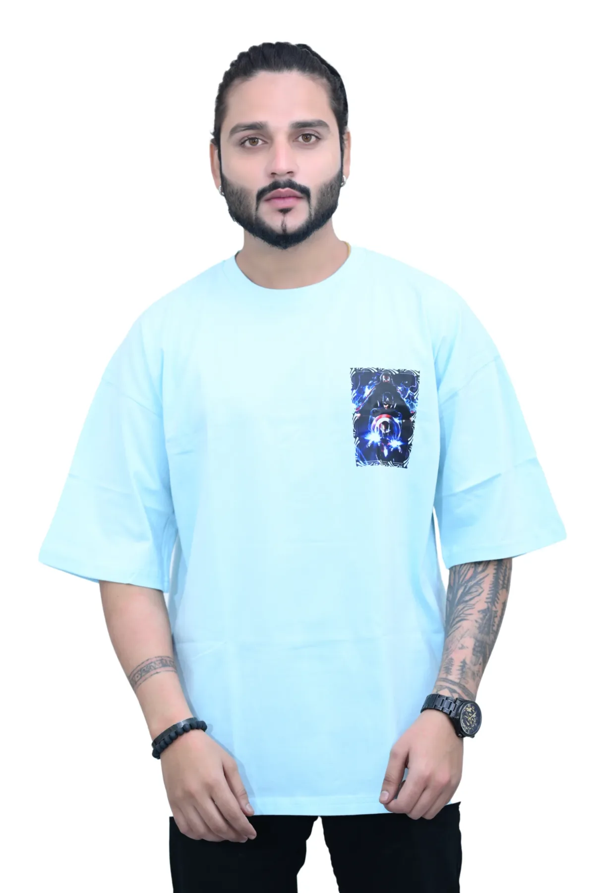 Cotton Oversized Sky Captain America Print Graphic T-shirt