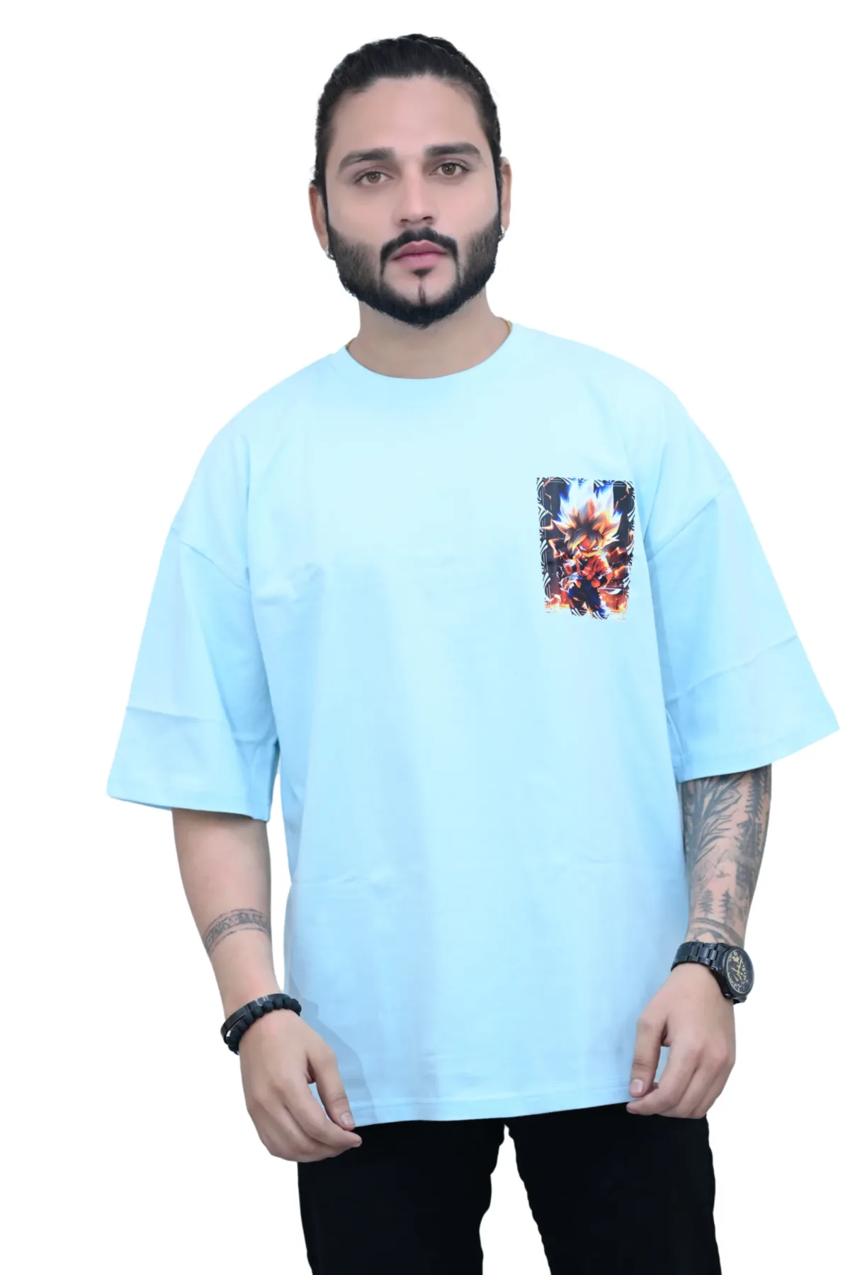 Cotton Oversized Sky Fighter Goku Print Graphic T-shirt