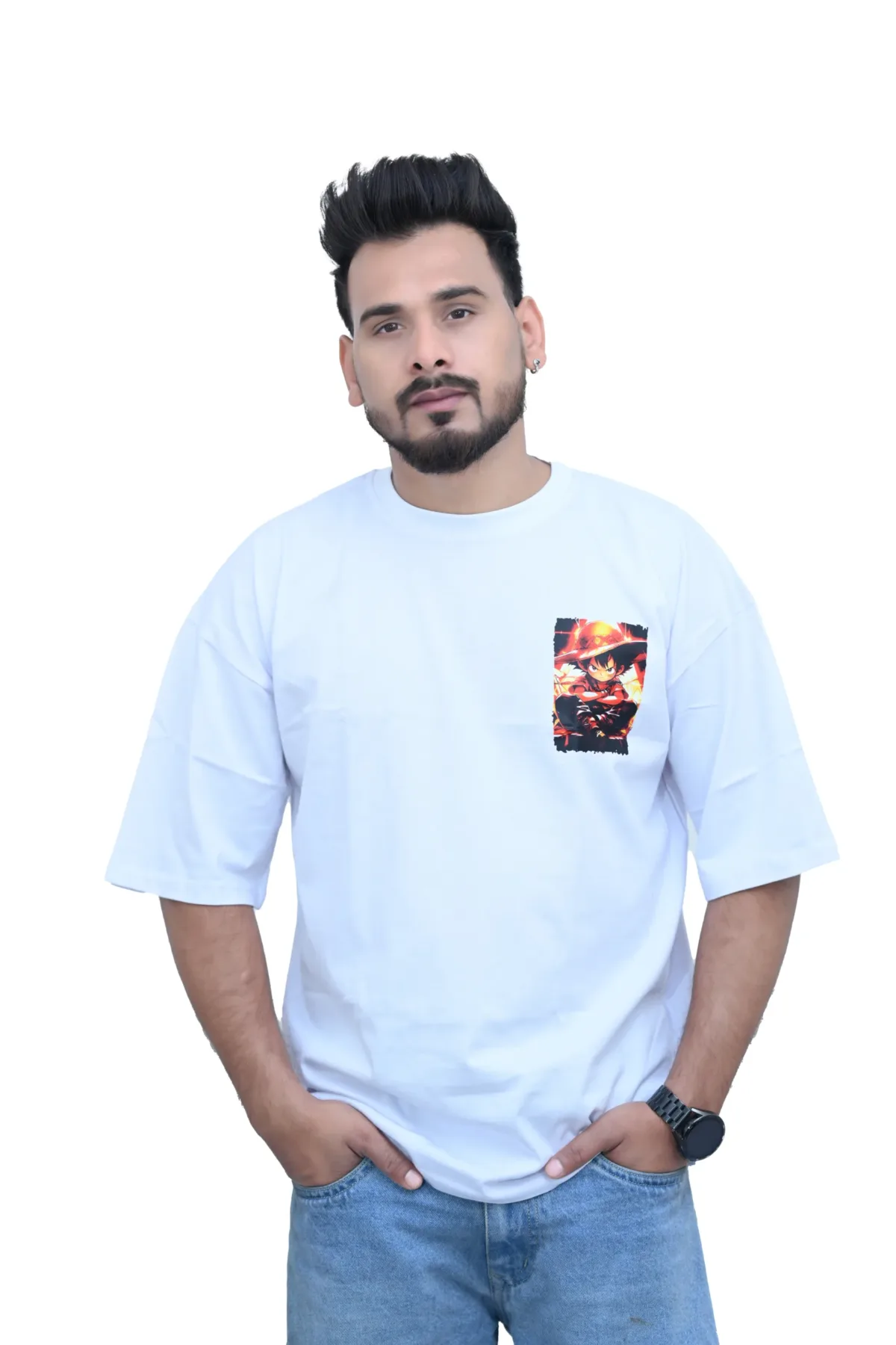 Cotton Oversized White Angry Goku Print Graphic T-shirt