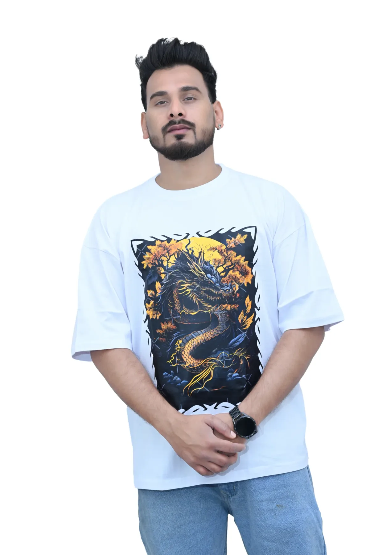 Cotton Oversized White Dragon Fly Print Graphic T-shirt
