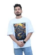 Cotton Oversized White Dragon Fly Print Graphic T-shirt