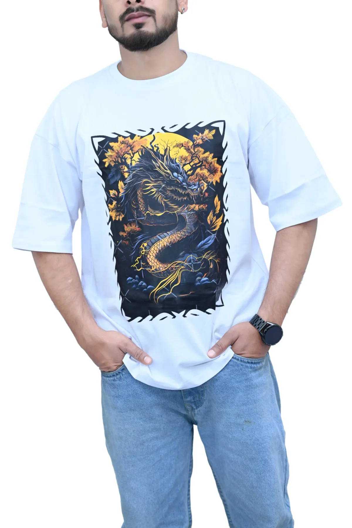 Cotton Oversized White Dragon Fly Print Graphic T-shirt