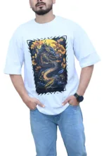 Cotton Oversized White Dragon Fly Print Graphic T-shirt