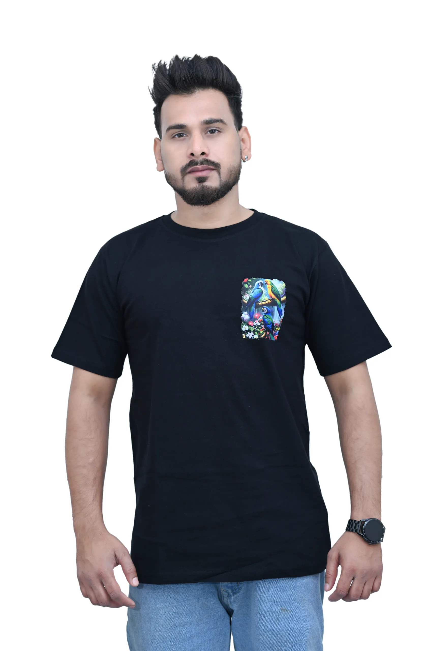 Cotton Regular Fit Black Color Parrot Graphic Print T-shirt