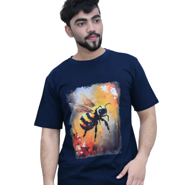 Cotton Regular Fit Blue Color Fly Bee Graphic Print T-shirt