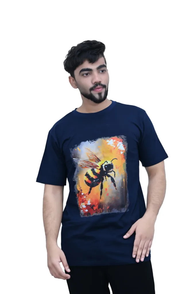 Cotton Regular Fit Blue Color Fly Bee Graphic Print T-shirt