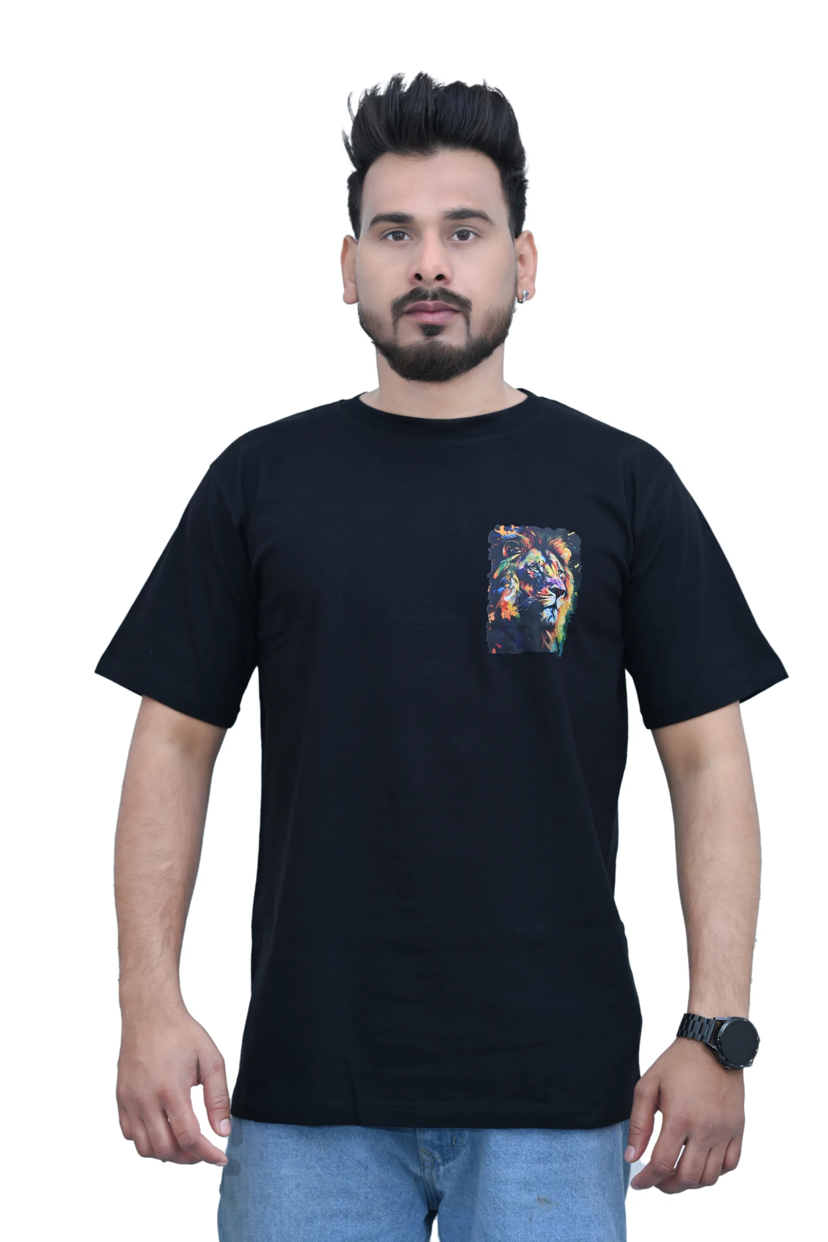 Cotton Regular fit Black Lion Printed Graphic T-shirt