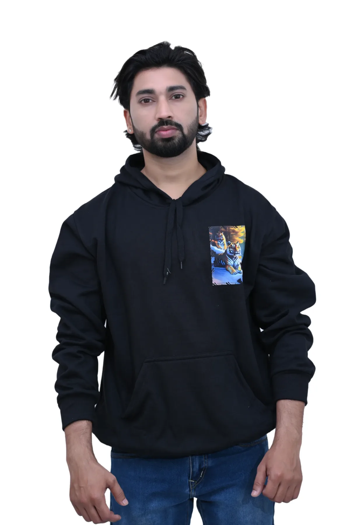 Cotton Regular fit Black Tiger Rest On Ice Print Graphic Hoodie