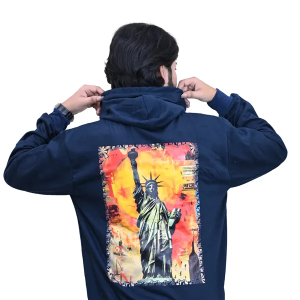 Cotton Regular fit Blue Back Print Statue Of Liberty Graphic Hoodie