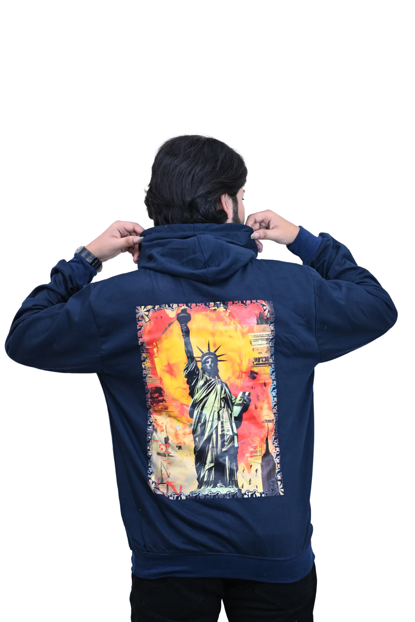 Cotton Regular fit Blue Back Print Statue Of Liberty Graphic Hoodie