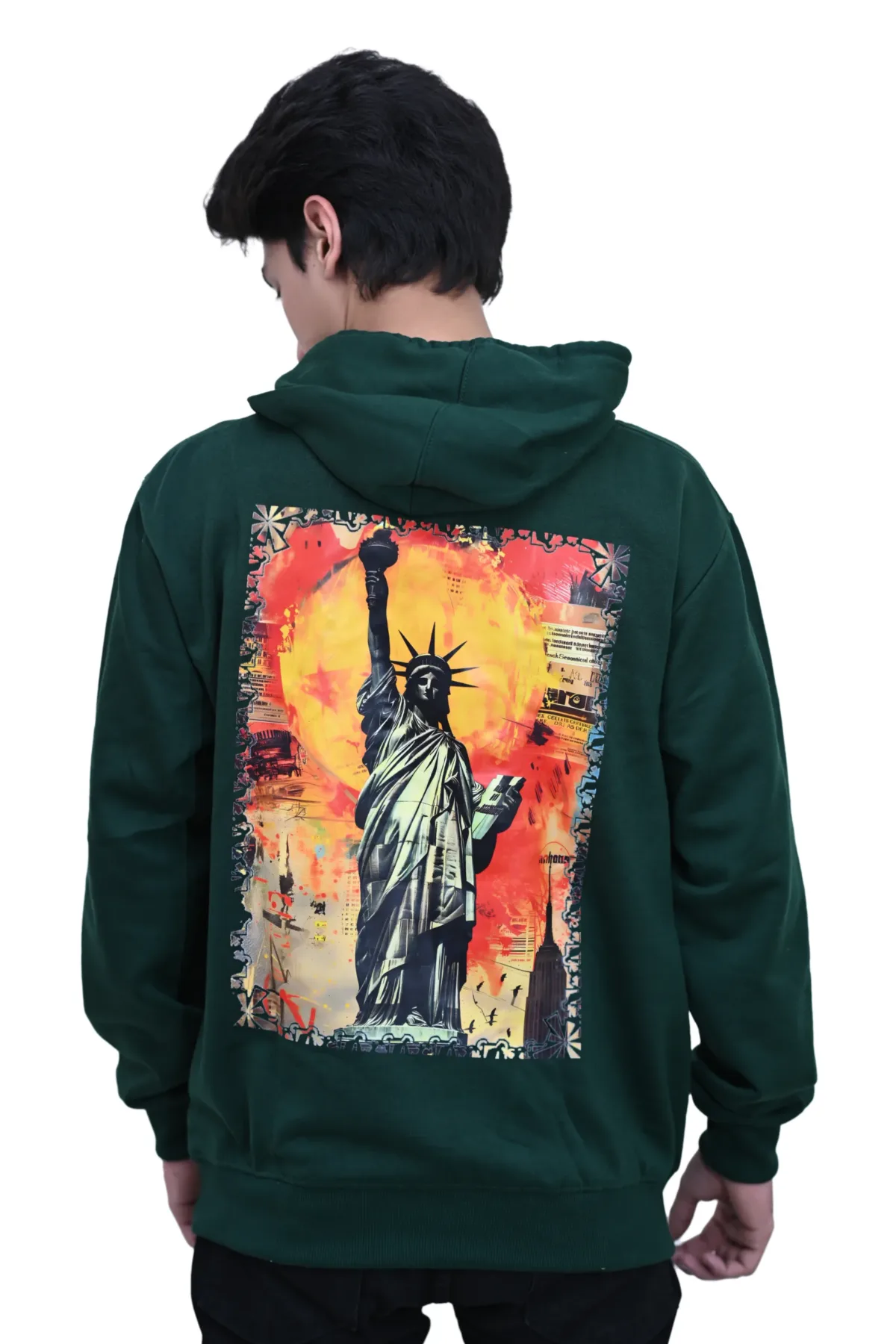 Cotton Regular fit Green Back Print Statue Of Liberty Graphic Hoodie