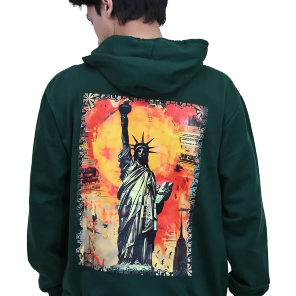 Cotton Regular fit Green Back Print Statue Of Liberty Graphic Hoodie