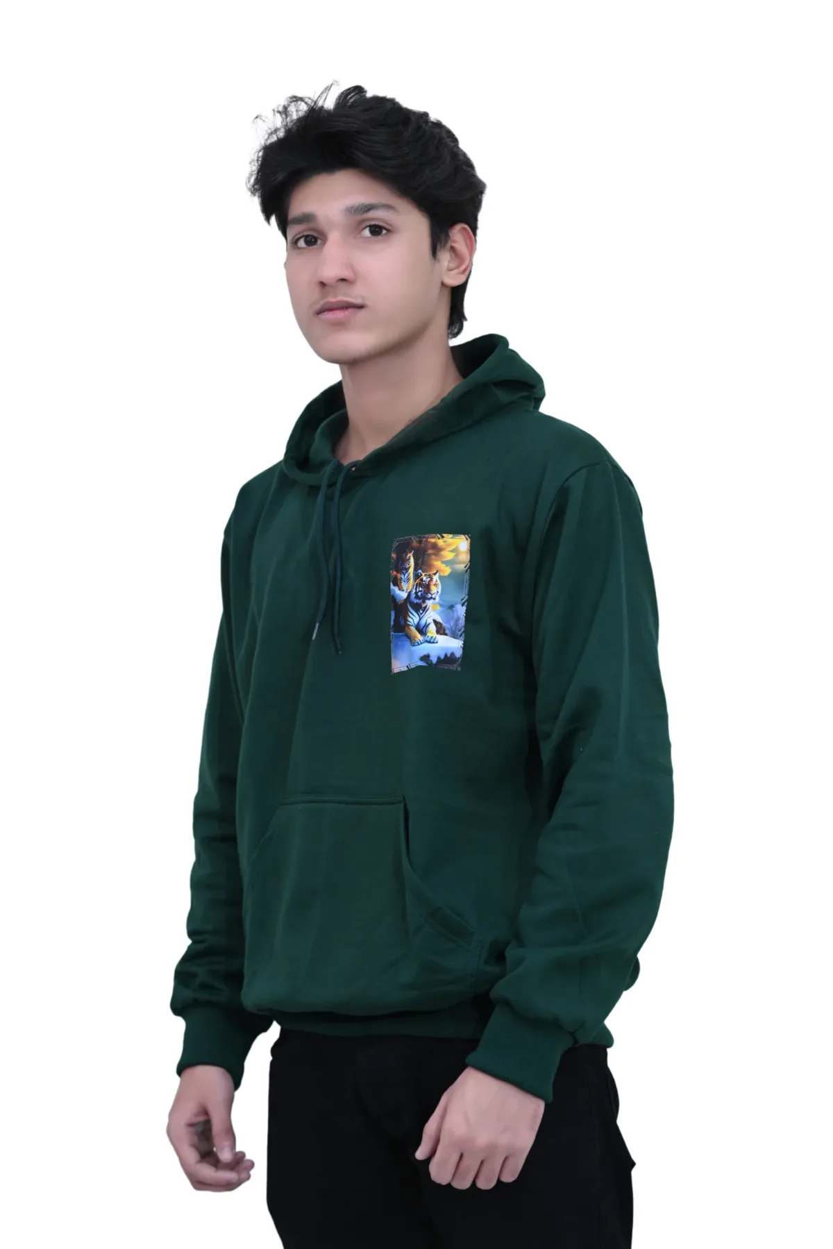 Cotton Regular fit Green Tiger Rest On Ice Print Graphic Hoodie