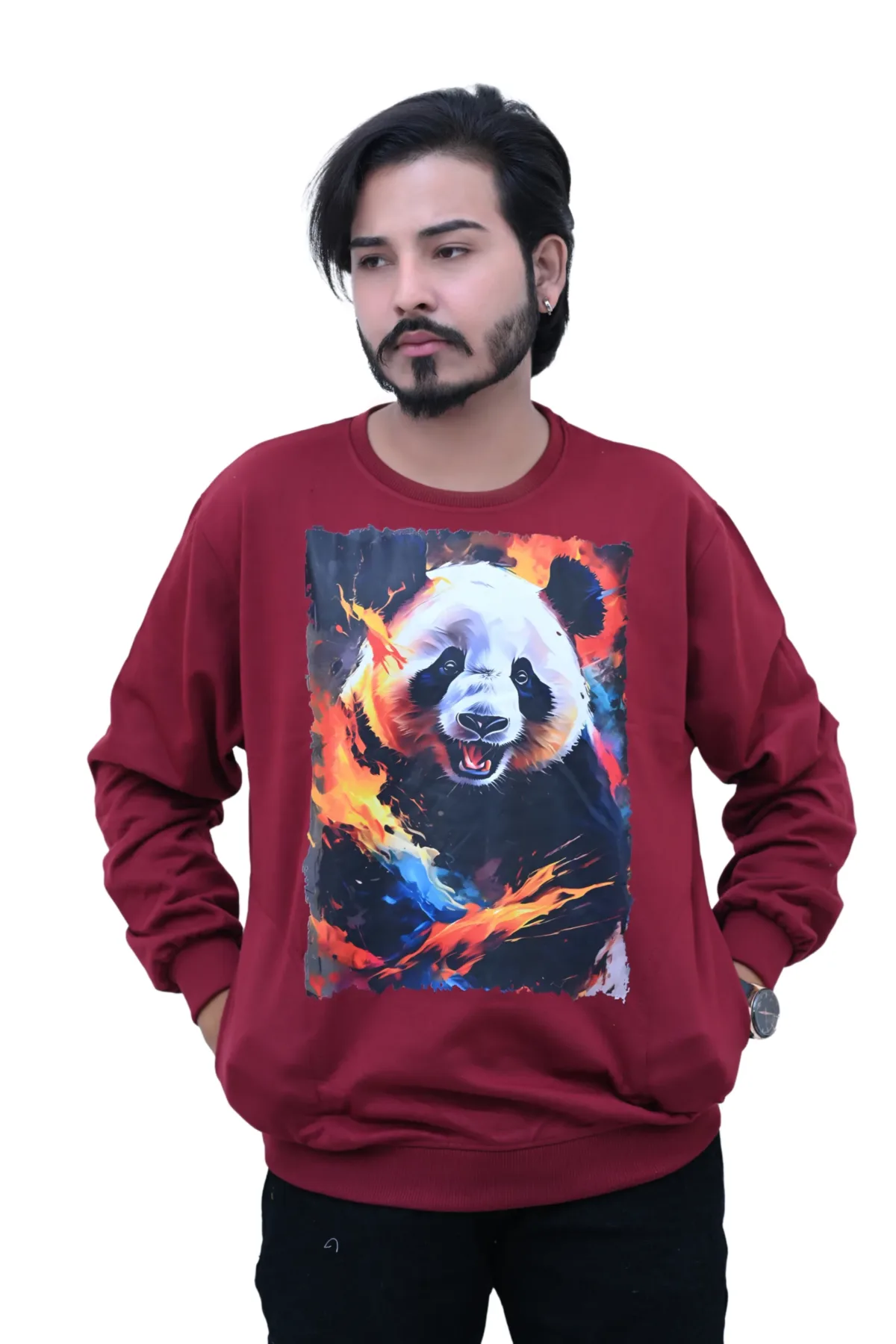 Cotton Regular fit Maroon Bear Laughing Graphic Sweatshirt