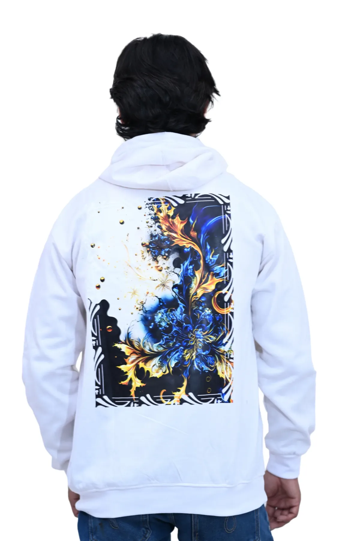 Cotton Regular fit White Back Print Multibloom Graphic Hoodie