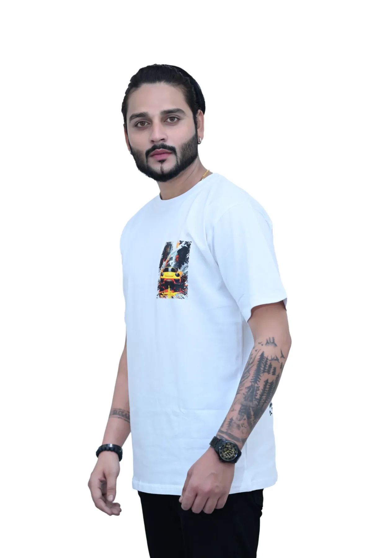 Cotton Regular fit White Car Printed Graphic T-shirt