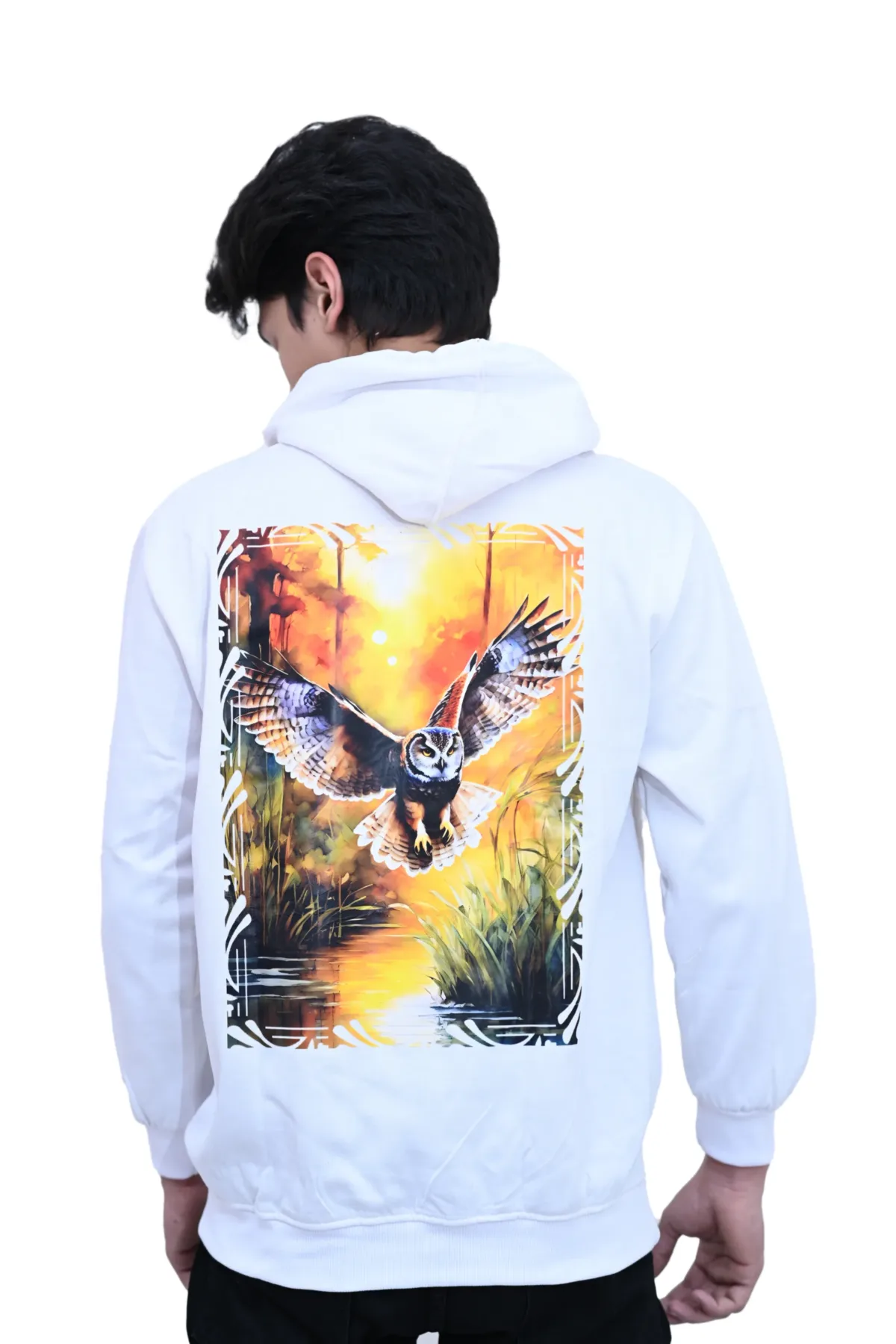 Cotton Regular fit White Flying Owl Graphic Hoodie